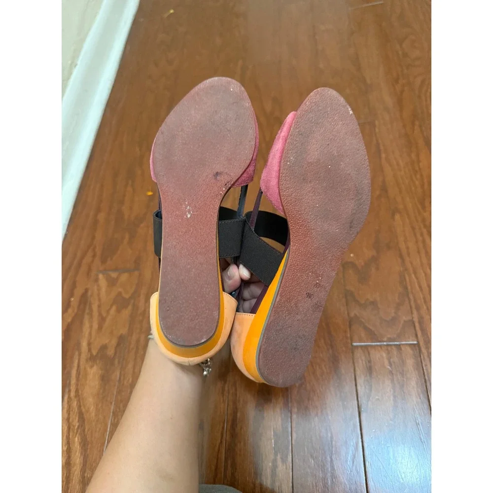 Womens Pink Suede Elastic-Strap Wedge Sandals (fits more like 6.5W